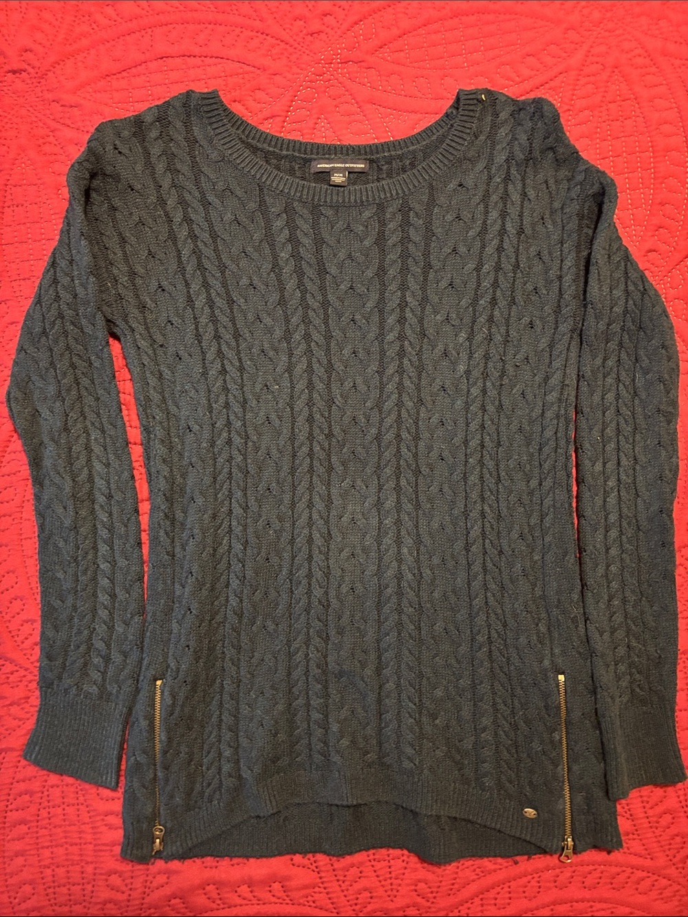 American Eagle Outfitters Dark Blue Cable Knit Scoop Neck Sweater with Side Zips